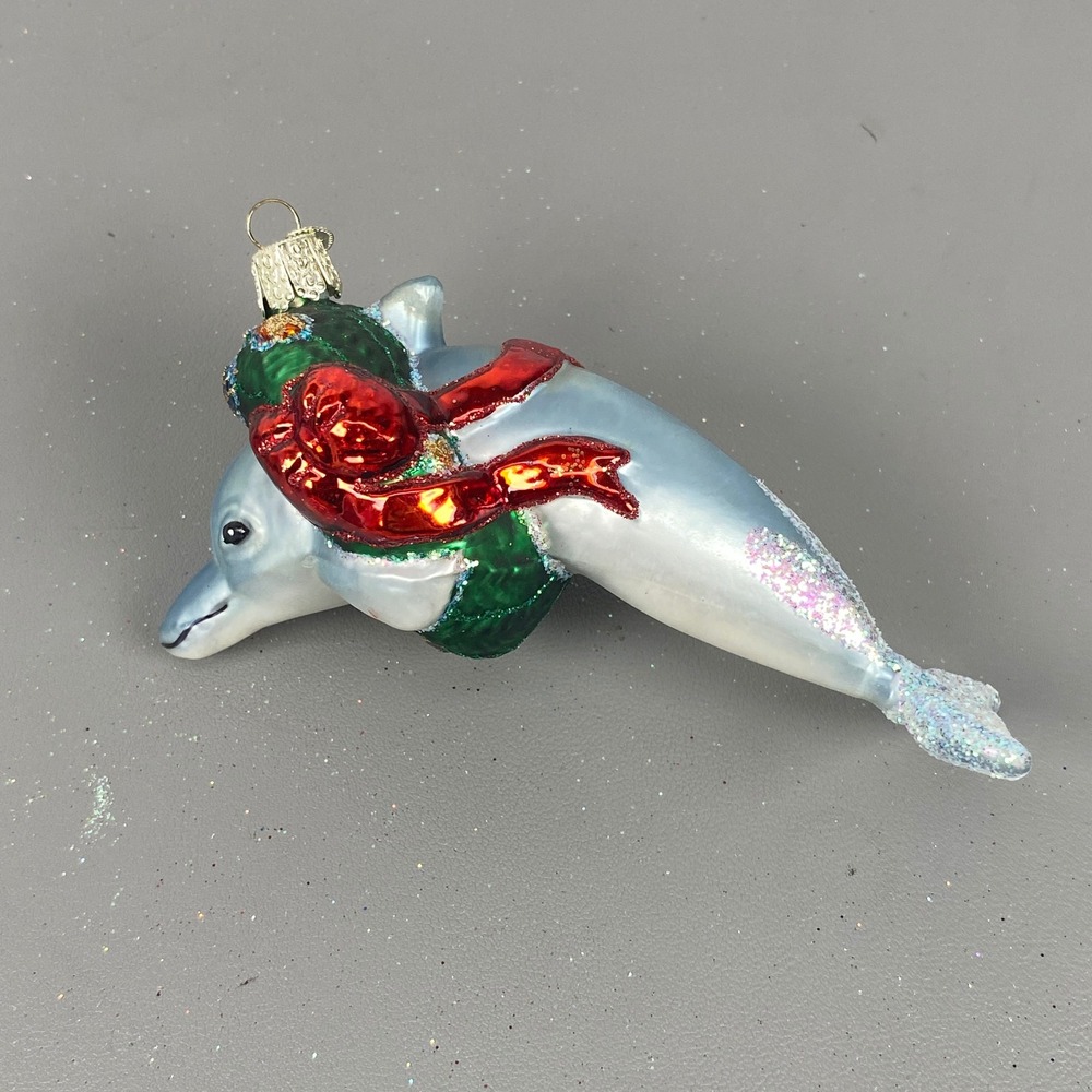 Old World Christmas Dolphin with Wreath Glass Ornament Blue 12480 OWC